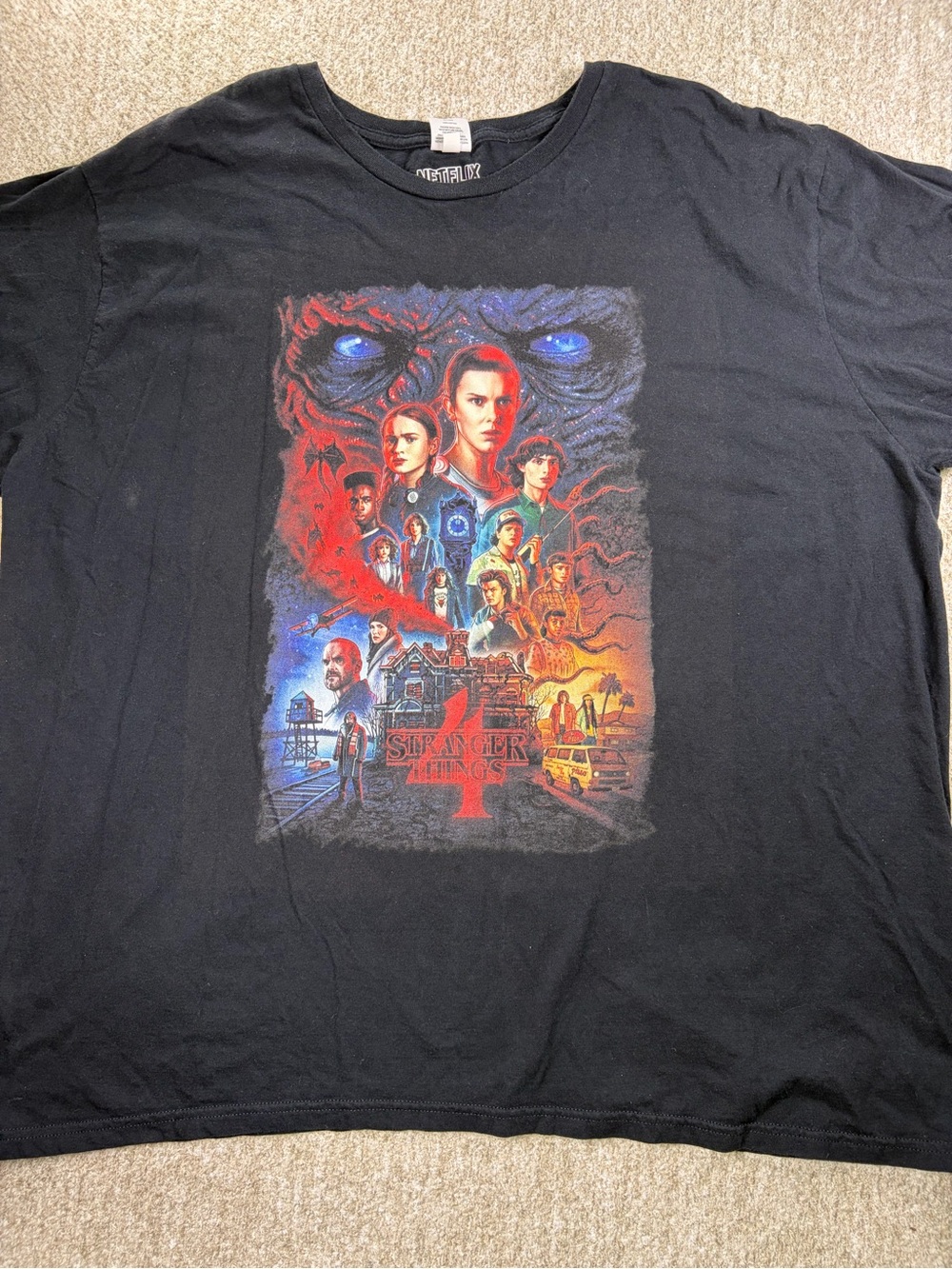 Netflix Black Short Sleeve Stranger Things Poster Tee with Red & Blue Art